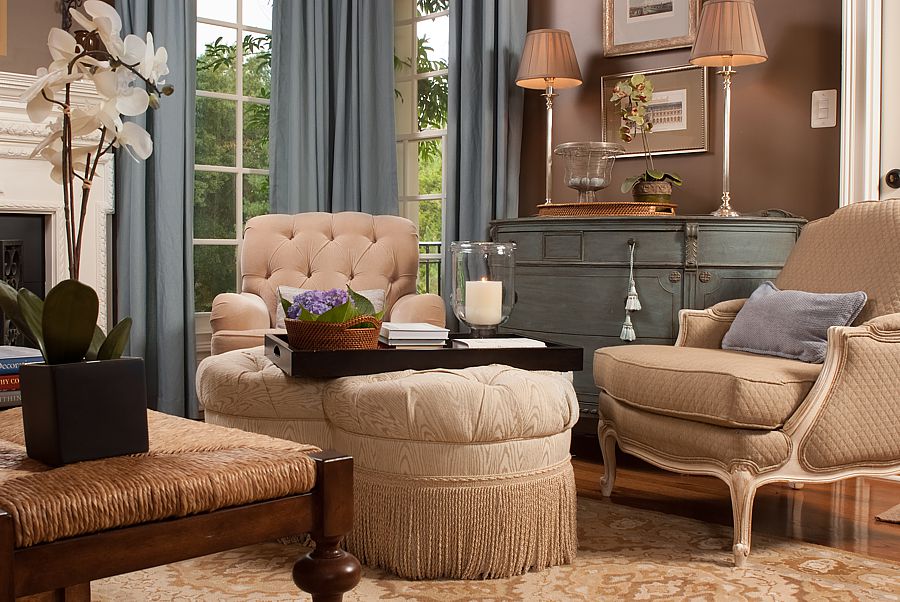 Traditional style living rooms feature classic furniture pieces with ornate details. Rich fabrics for draperies and upholstery are a staple.